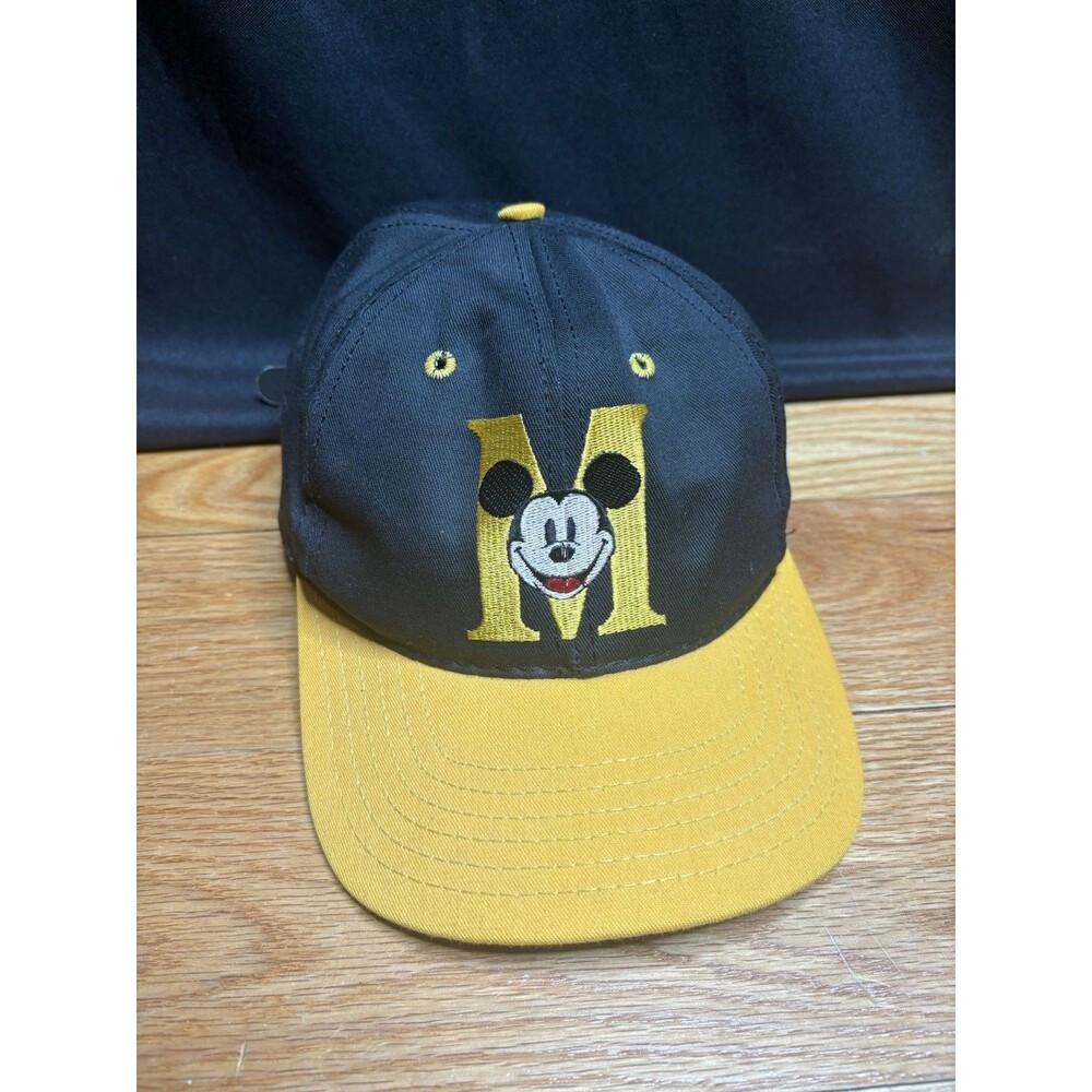 VINTAGE Mickey Mouse Strapback Hat Walt Disney Black Yellow Made In USA Yellow